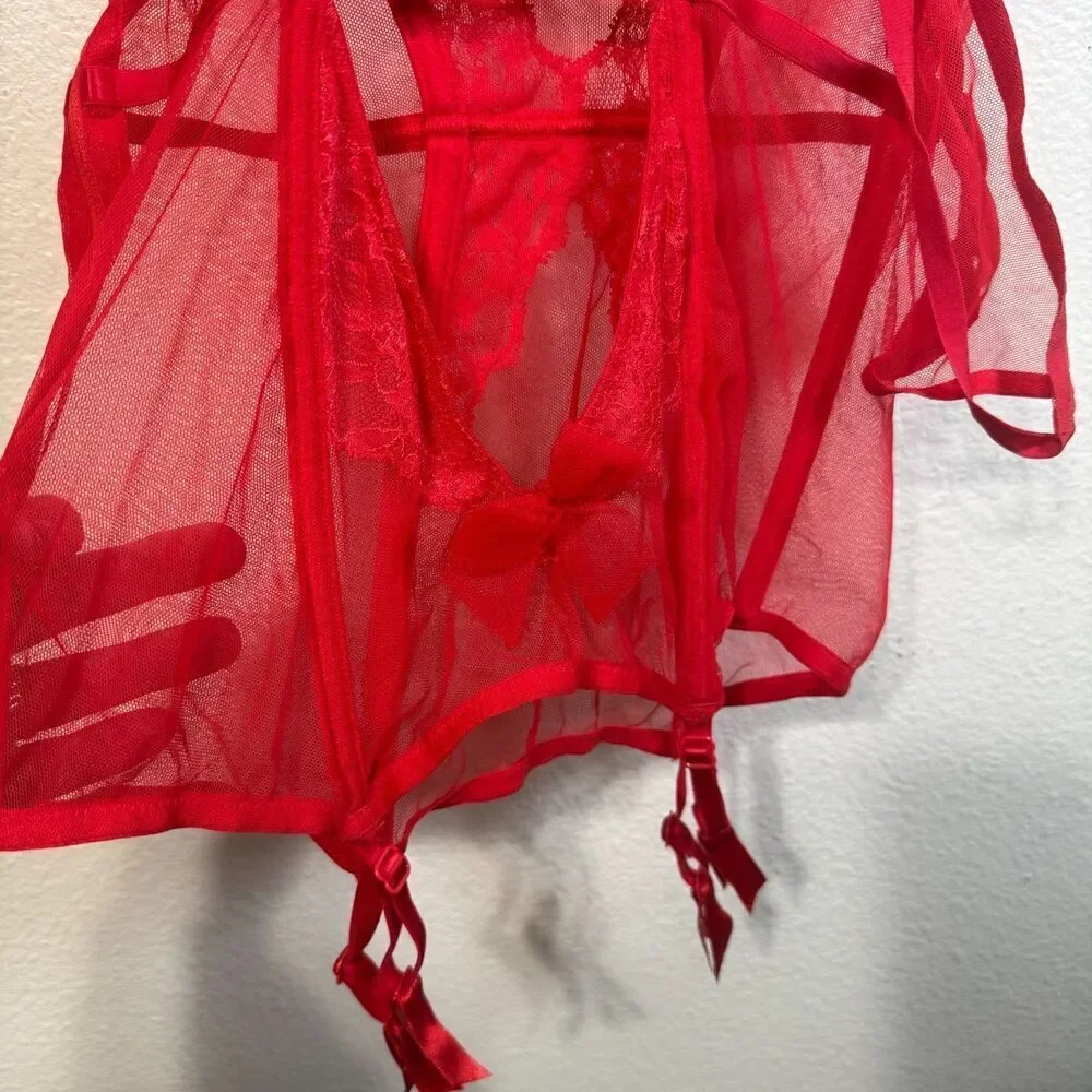Victoria's Secret Bustier/Garter/Panty Lace Lingerie Set 34B Red Holiday Corset